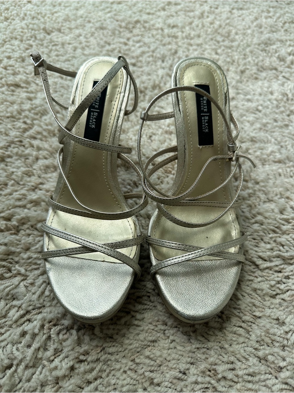 White House Black Market Silver Strappy Heeled Sandals